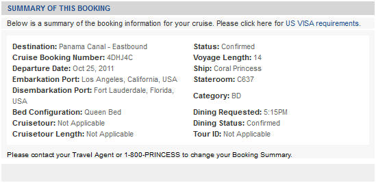 cruise booking summary