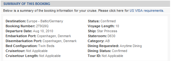cruise booking summary